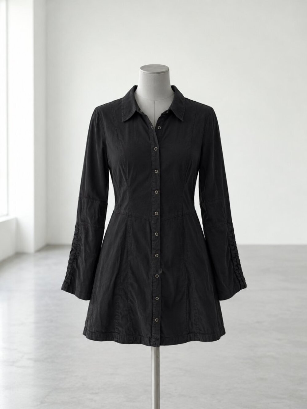 Free People Black Snap Button Long Sleeve Mini Shirt Dress